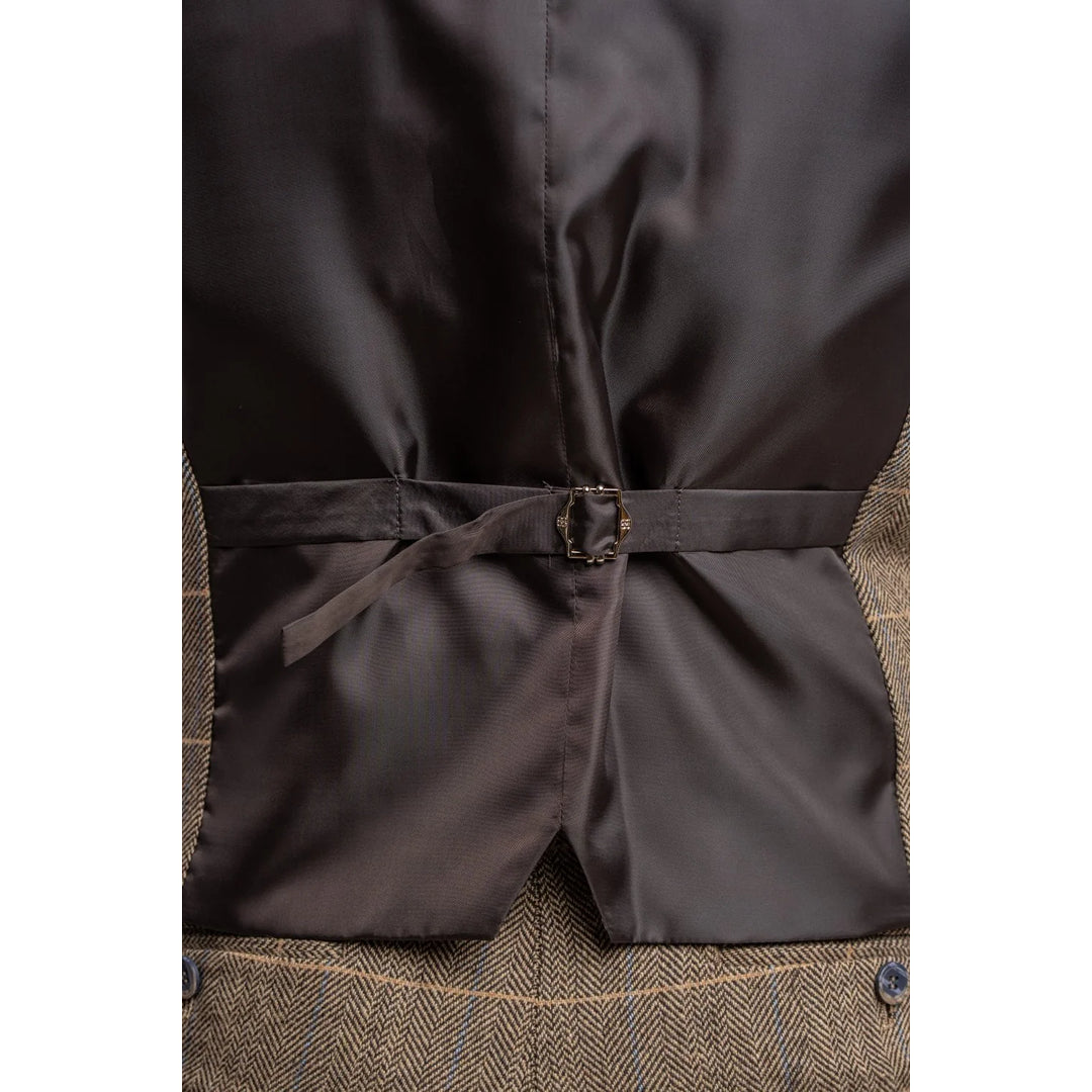 Gilet homme veston tweed à chevrons carreaux marron gris coupe slim vintage