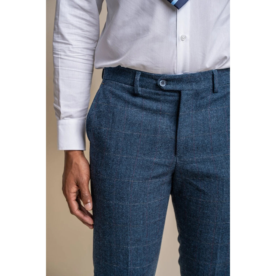 Pantalon homme vintage tweed carreaux chevrons bleu style Peaky Blinders