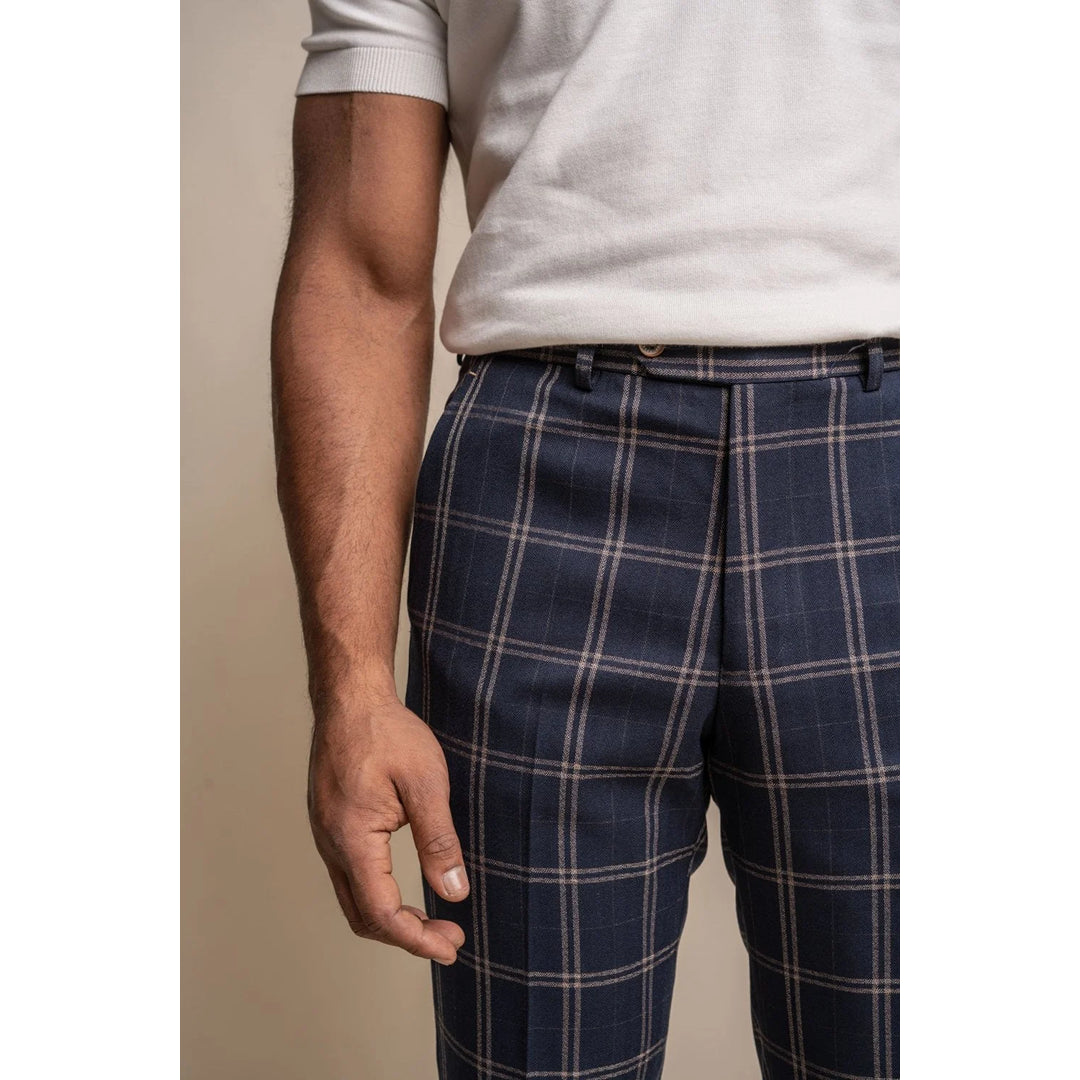 Pantaloni Blu da Uomo Motivo a Scacchi Principe di Galles Lunghezza Regolare