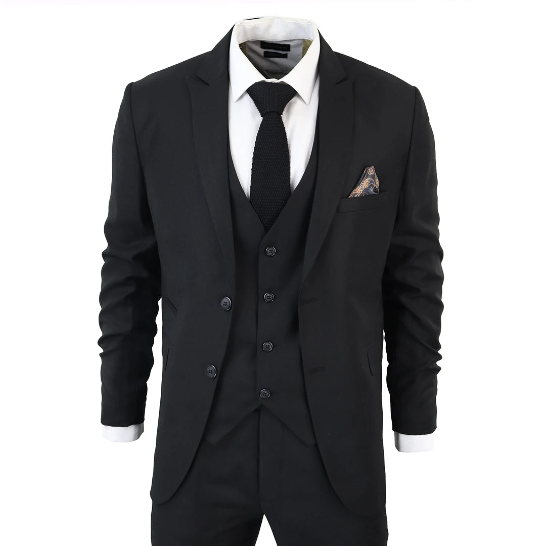 Abito Nero da Uomo 3 Pezzi Classici Su Misura Vintage Ufficio Funerale Matrimonio - TruClothing.com - 1
