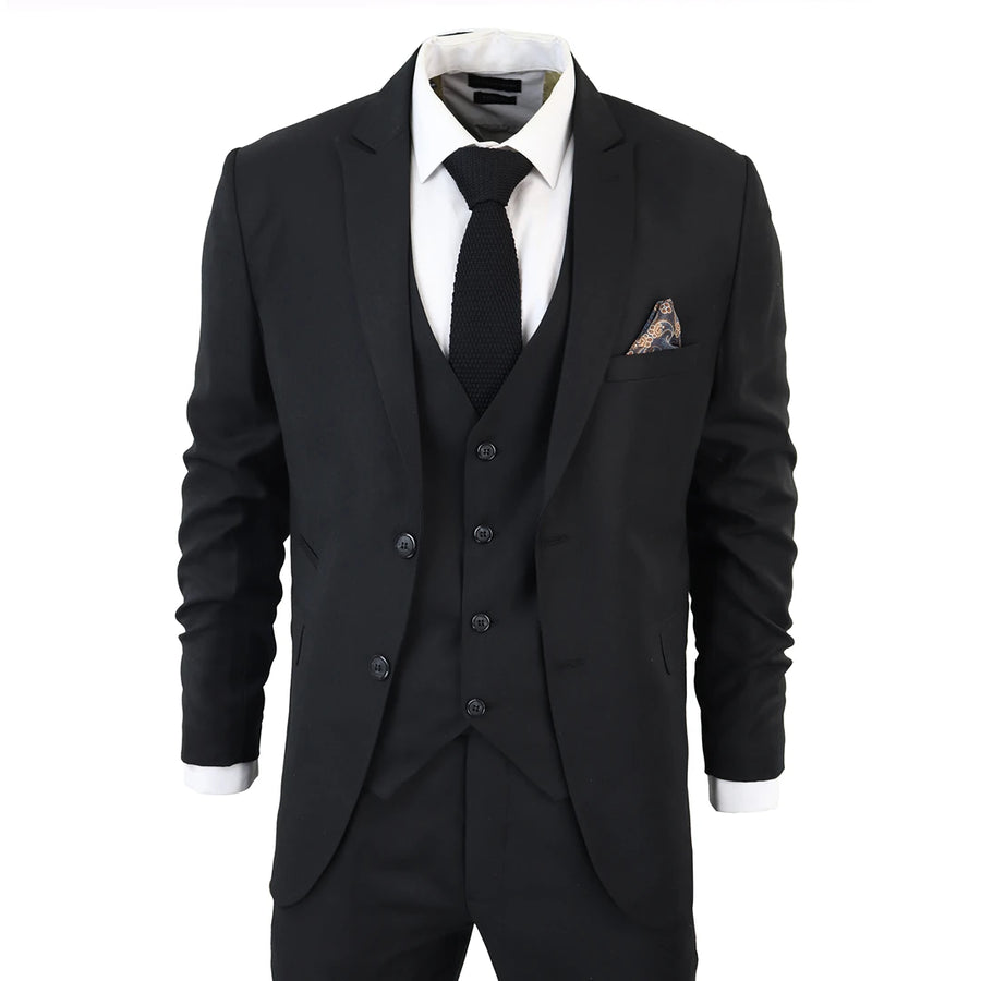 Herrenanzug 3 Teilig Schwarz Tailored Fit Vintage Büro Beerdigung Sicherheit Kellner Hochzeit - TruClothing.com - 1