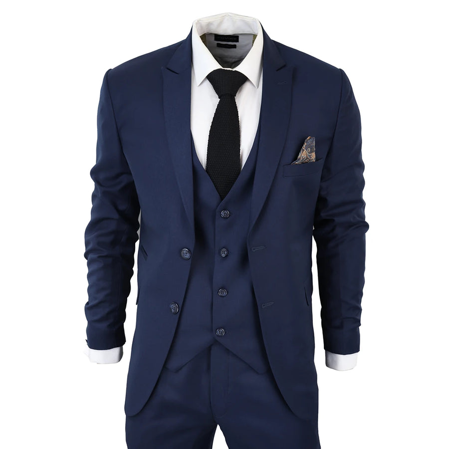 Herren Anzug klassisch Marineblau 3 Teilig Tailored Fit Vintage Büro Hochzeit Prom - TruClothing.com - 1