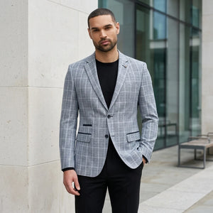 IM11 - Karierter Slim Fit Zweiknopf-Herrenblazer - Blau - TruClothing.com - 2