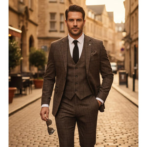 IM11 - Men's Dark Brown 3 Piece Plaid Check Suit - TruClothing.com - 2