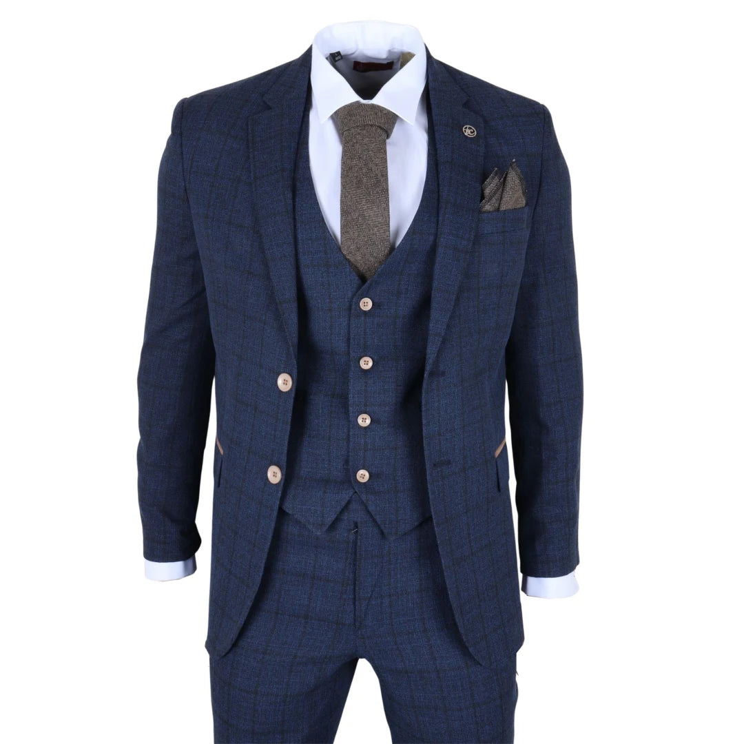 IM11 - Men's Navy 3 Piece Plaid Check Suit - TruClothing.com - 1