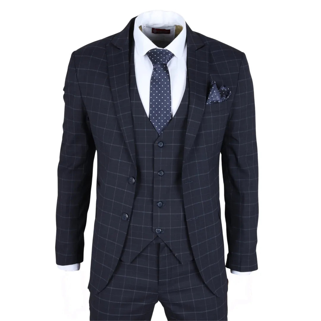IM3 - Men's Navy Checked Tailored Fit Suit - TruClothing.com - 1
