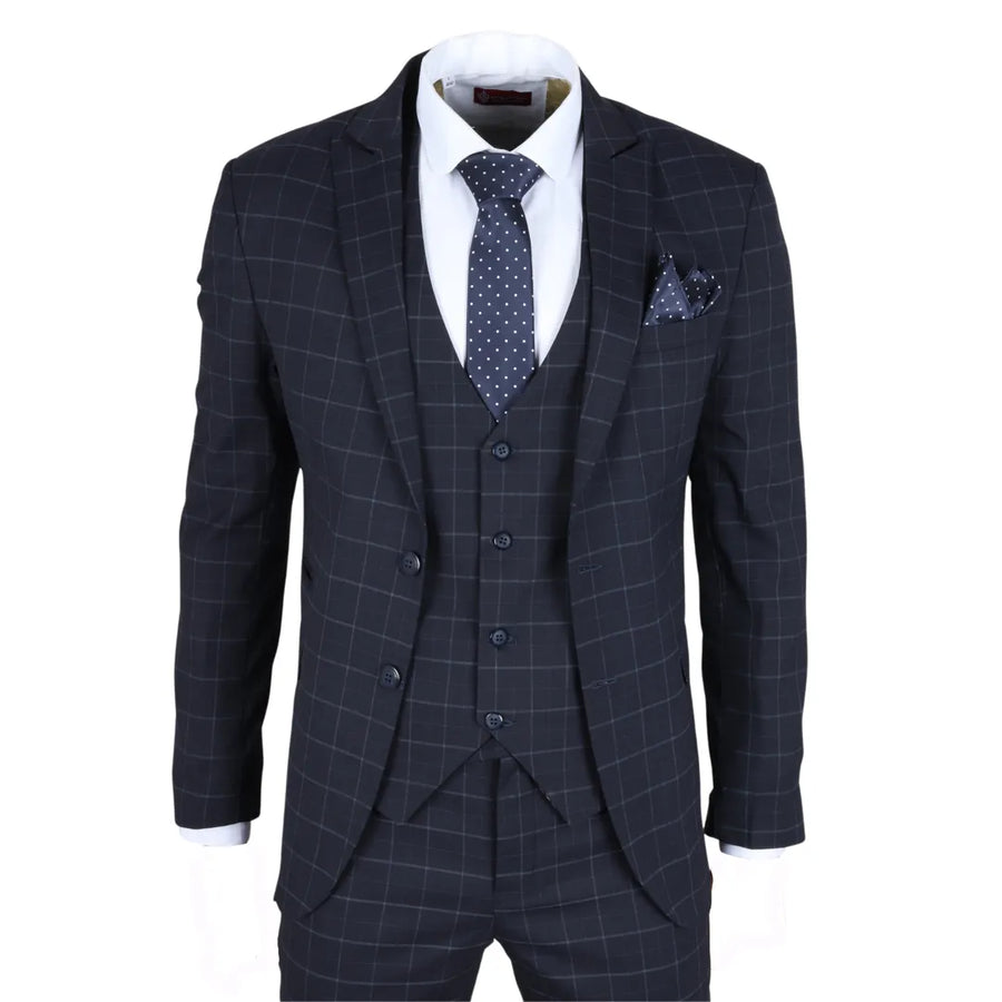 IM3 - Men's Navy Checked Tailored Fit Suit - TruClothing.com - 1