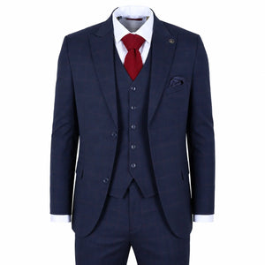 IM54 - Granatowy 3-częściowy garnitur męski w kratę w kroju Tailored Fit - TruClothing.com - 1