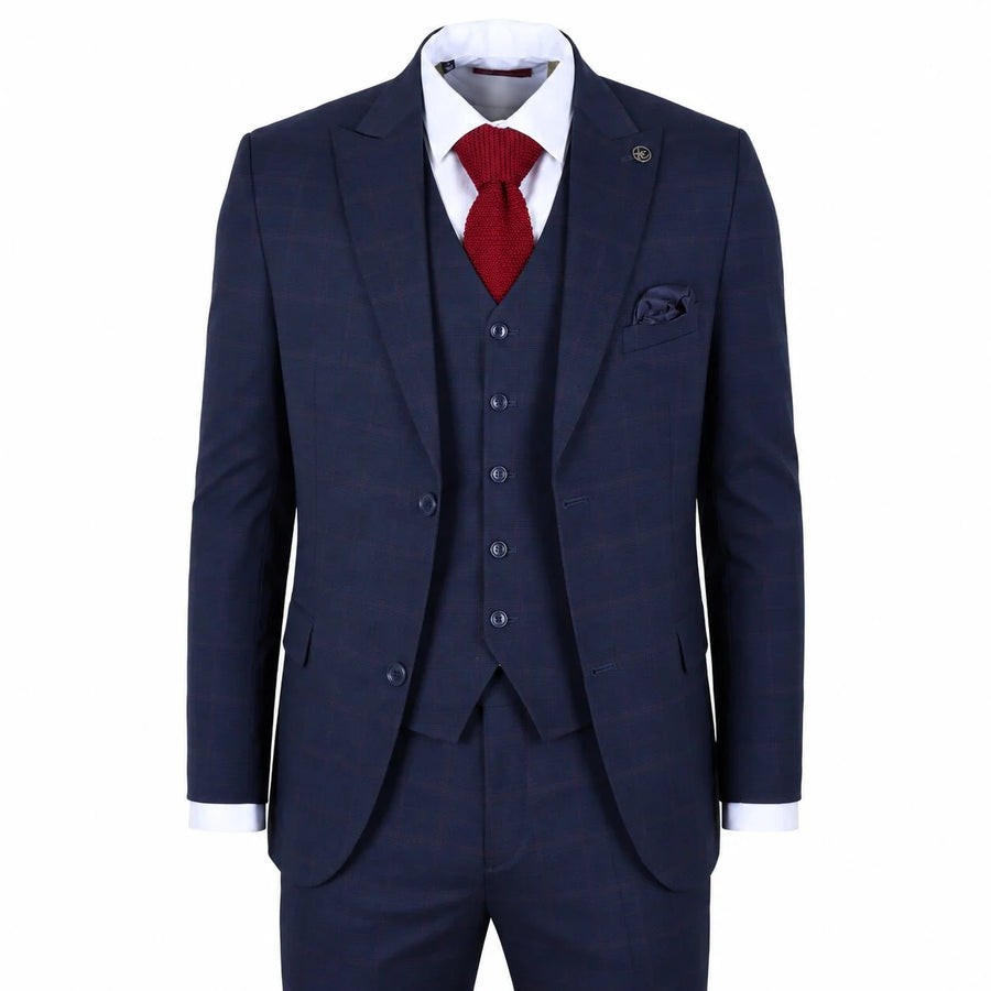 IM54 - Granatowy 3-częściowy garnitur męski w kratę w kroju Tailored Fit - TruClothing.com - 1