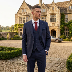 IM54 - Granatowy 3-częściowy garnitur męski w kratę w kroju Tailored Fit - TruClothing.com - 2
