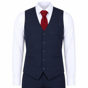 IM54 - Granatowy 3-częściowy garnitur męski w kratę w kroju Tailored Fit - TruClothing.com - 6