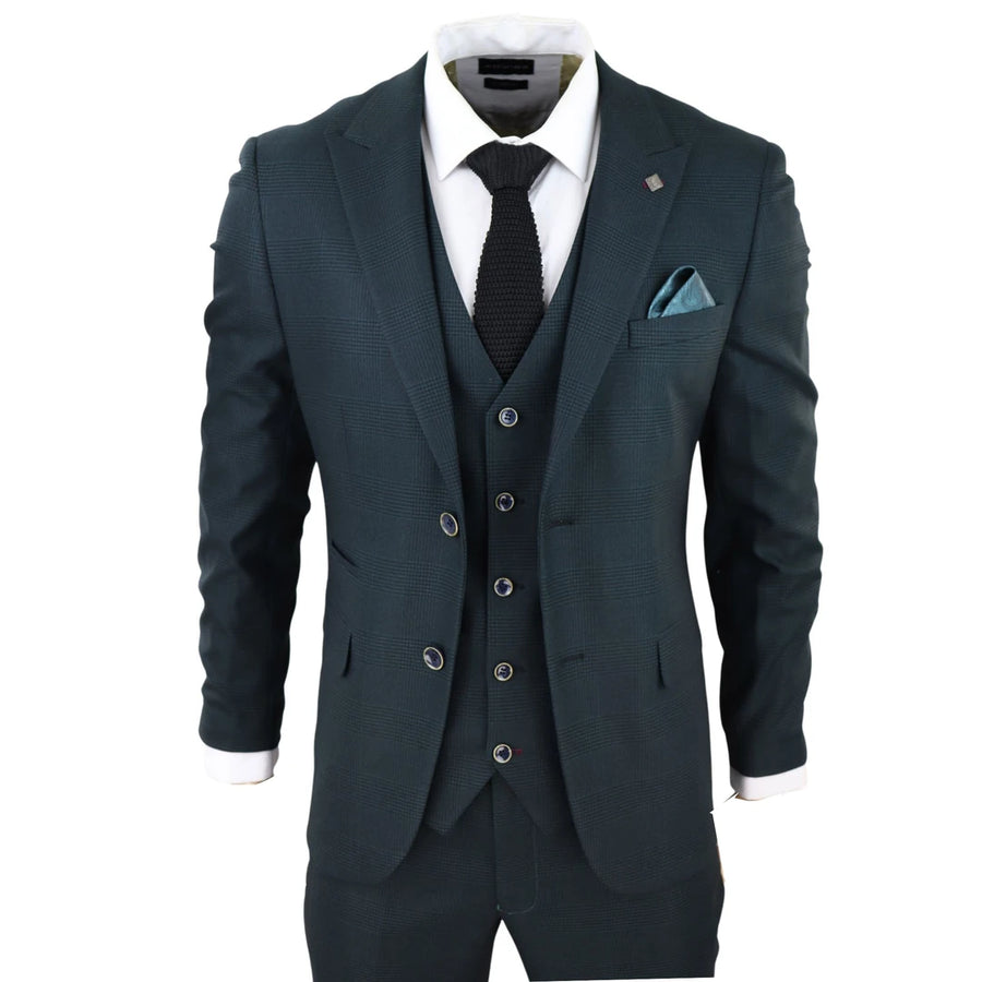 Jasper - Traje de 3 piezas para hombre en verde oliva con cuadro Príncipe de Gales en negro - Paul Andrew - 1