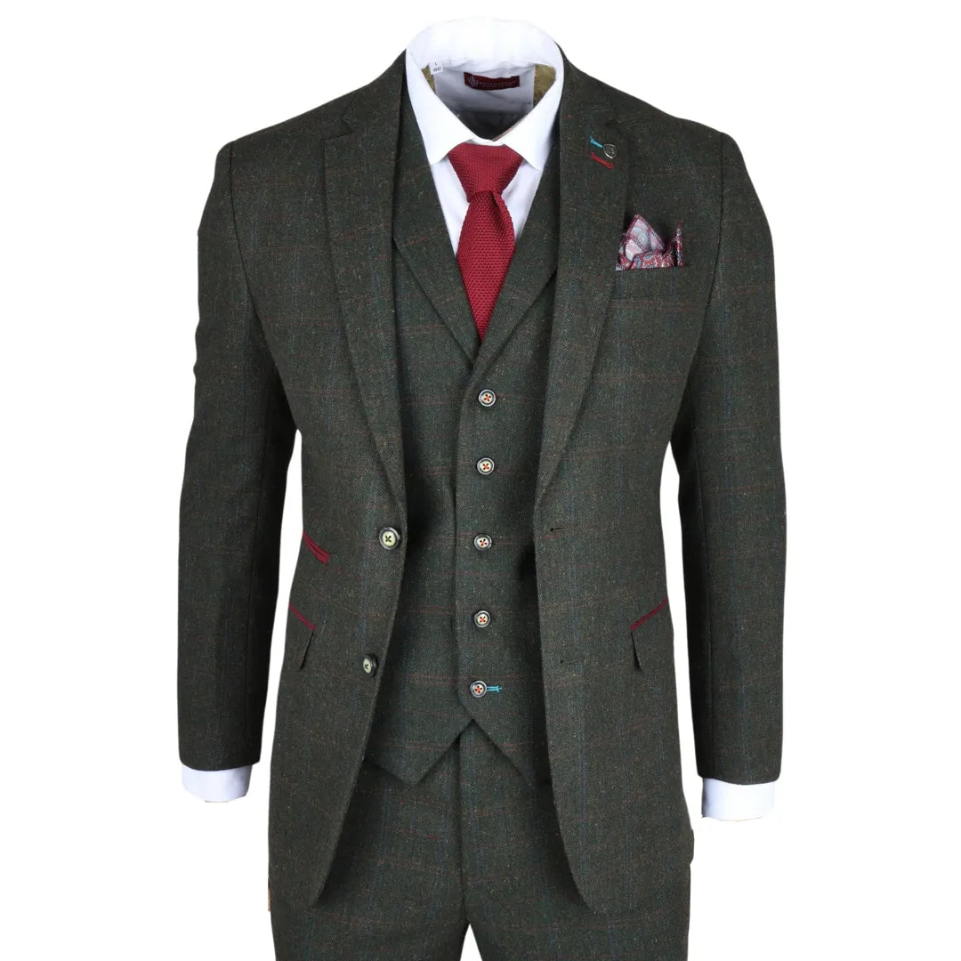 Joshua - Traje ajustado de tweed verde de 3 piezas para hombre - Robert Simon - 1