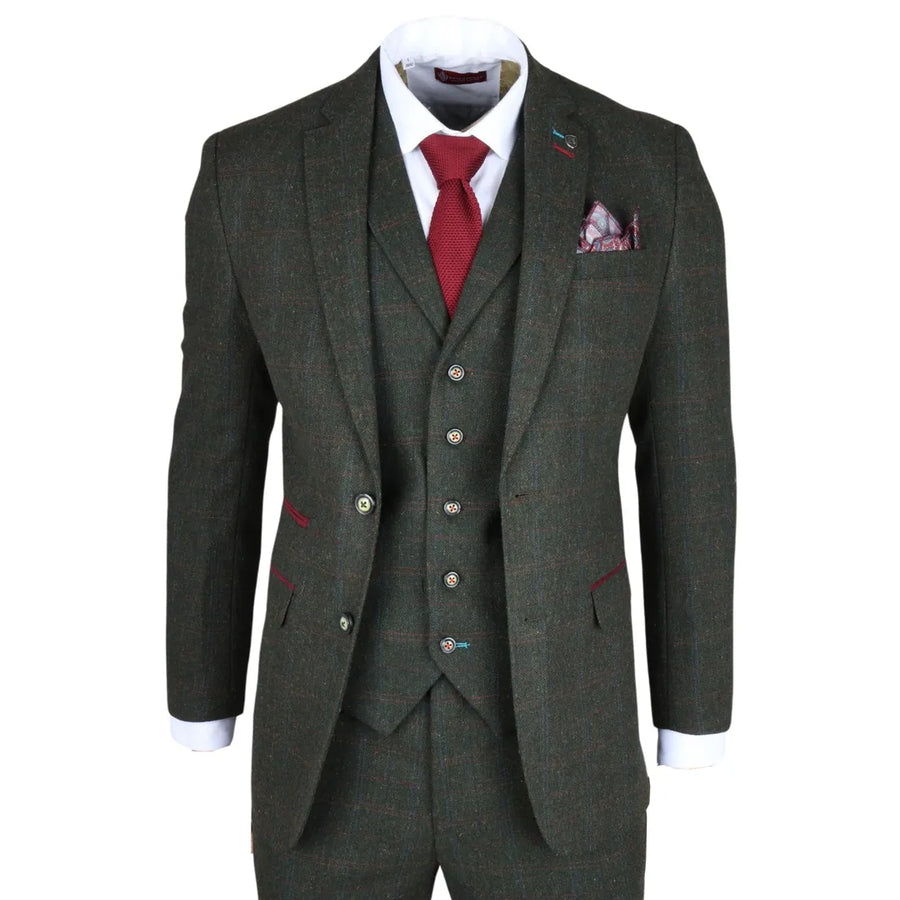 Joshua - Traje ajustado de tweed verde de 3 piezas para hombre - Robert Simon - 1