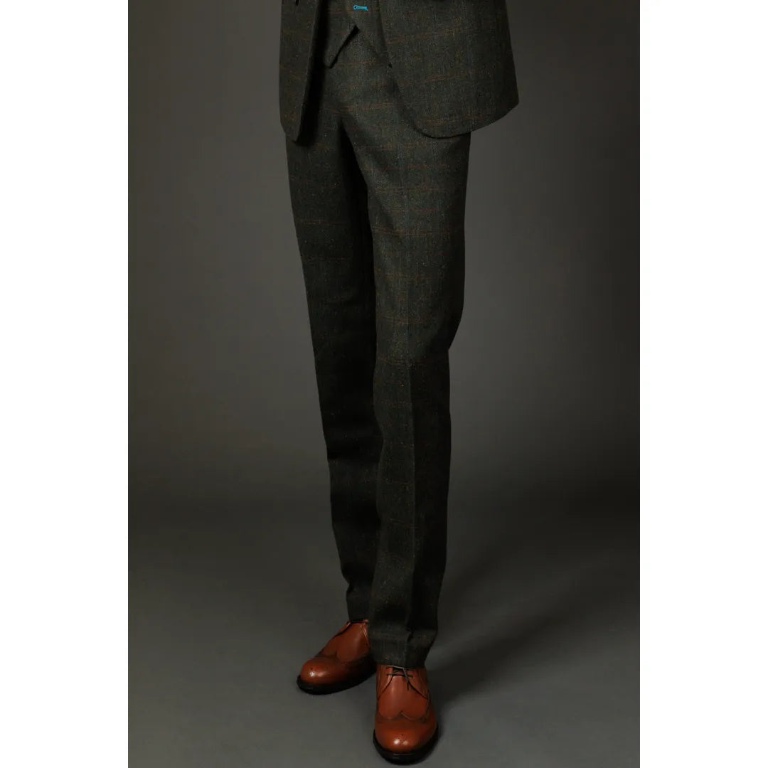 Herrenhose Wollmischung Olivgrün Herringbone Check Tweed Formelle Hose - Robert Simon - 1