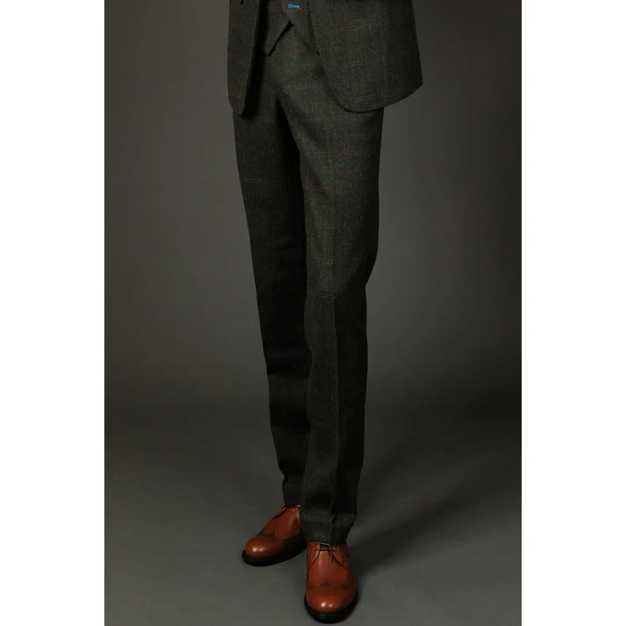 Herrenhose Wollmischung Olivgrün Herringbone Check Tweed Formelle Hose - Robert Simon - 1