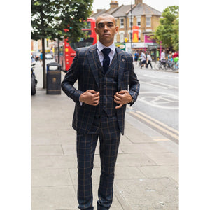 Kempson - Men's Herringbone Tweed Navy Check 3 Piece Wool Suit - House of Cavani - 2
