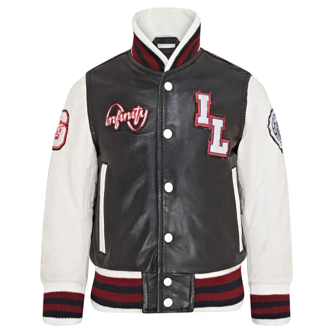 Kurtka bomberka dziecięca czarna skórzana w stylu letterman - Infinity Leather - 1