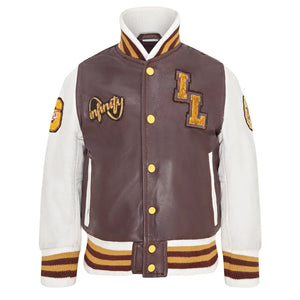 Kurtka bomberka dziecięca bordowa skórzana w stylu letterman - Infinity Leather - 1
