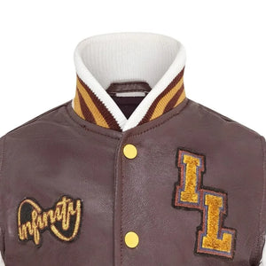 Kurtka bomberka dziecięca bordowa skórzana w stylu letterman - Infinity Leather - 3