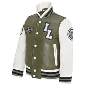 Kurtka bomberka dziecięca oliwkowa skórzana w stylu letterman - Infinity Leather - 2