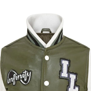 Kurtka bomberka dziecięca oliwkowa skórzana w stylu letterman - Infinity Leather - 3