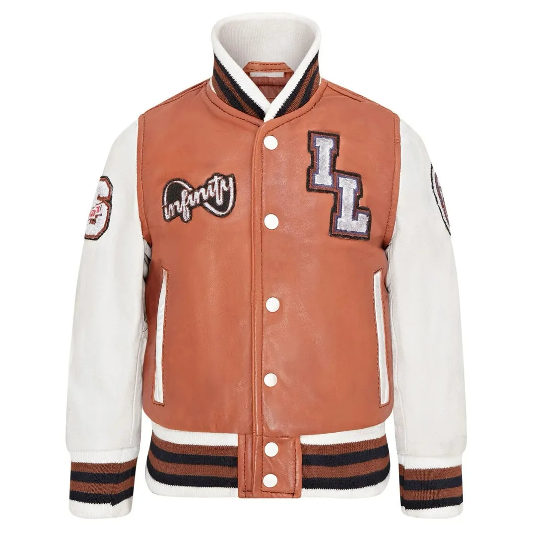 Kurtka bomberka dziecięca jasnobrązowa skórzana w stylu letterman - Infinity Leather - 1