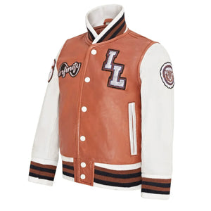 Kurtka bomberka dziecięca jasnobrązowa skórzana w stylu letterman - Infinity Leather - 2