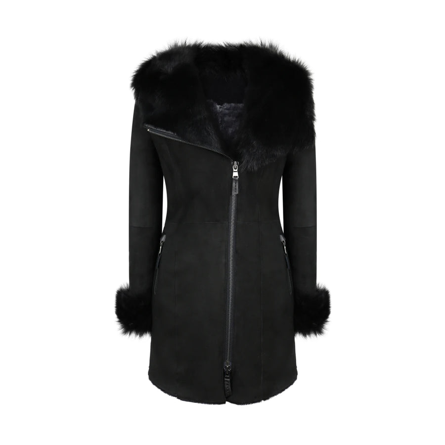 Płaszcz 3/4 damski z prawdziwej owczej skóry czarny miękki zamszowy dopasowany merino - Infinity Leather - 1