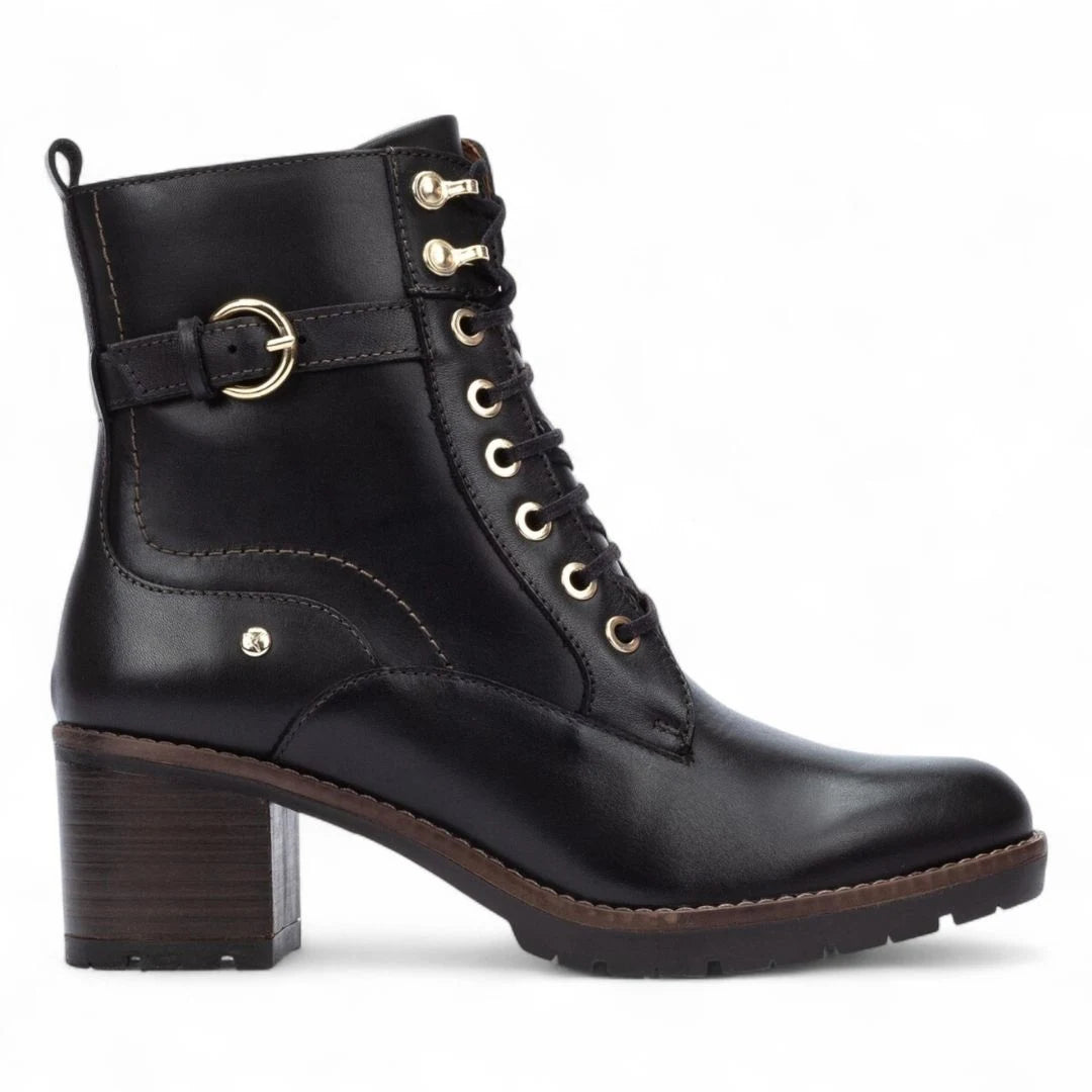 Llanes - Women’s Black Leather Mid-Heel Combat Ankle Boots - Pikolinos - 1