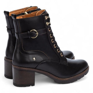 Llanes - Women’s Black Leather Mid-Heel Combat Ankle Boots - Pikolinos - 4