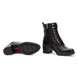 Llanes - Women’s Black Leather Mid-Heel Combat Ankle Boots - Pikolinos - 7