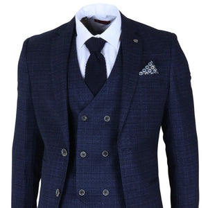 Luis - Niebieski 3-częściowy garnitur męski Slim Fit w kratę - Robert Simon - 4