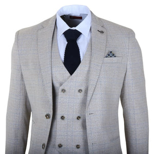 Luis - Kremowy 3-częściowy garnitur męski Slim Fit w kratę - Robert Simon - 4