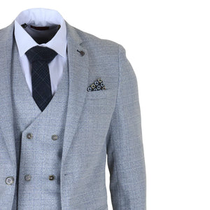 Luis - Jasnoniebieski 3-częściowy garnitur męski Slim Fit w kratę - Robert Simon - 5
