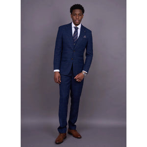 Marcos - Granatowy 3-częściowy garnitur męski Slim Fit w kratę - Robert Simon - 2