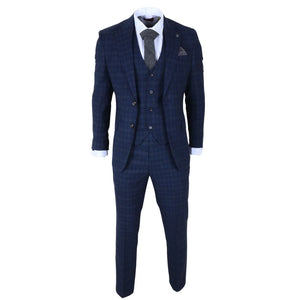 Marcos - Granatowy 3-częściowy garnitur męski Slim Fit w kratę - Robert Simon - 3
