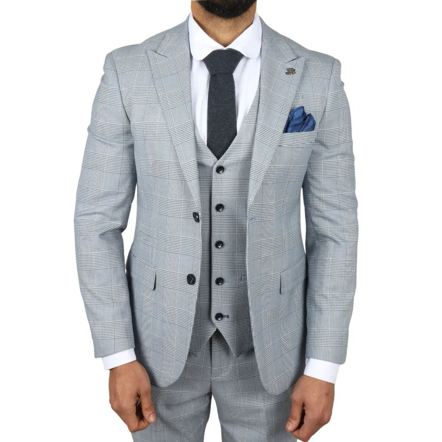 Abito da Uomo 3 Pezzi Blu in Tweed a Scacchi Vestibilit� su Misura - Paul Andrew - 1