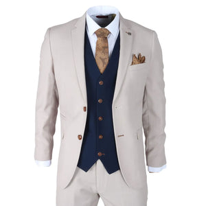 Mayfair - Costume 3 pièces crème pour homme avec gilet bleu marine - Paul Andrew - 1