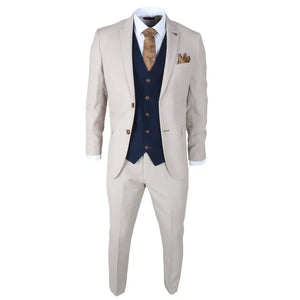 Mayfair - Costume 3 pièces crème pour homme avec gilet bleu marine - Paul Andrew - 2