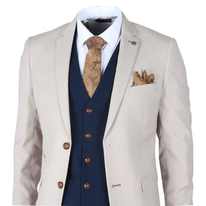 Mayfair - Costume 3 pièces crème pour homme avec gilet bleu marine - Paul Andrew - 3