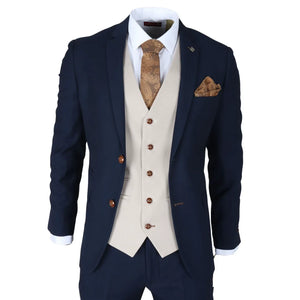 Mayfair - Men's 3 Piece Navy Suit With Cream Waistcoat - Paul Andrew - 1
