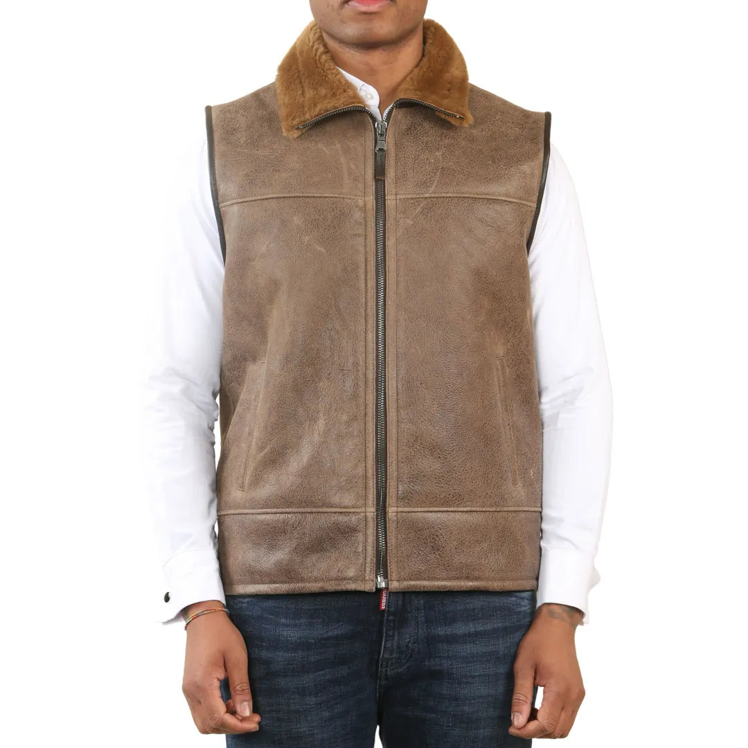 Męski lotniczy bezrękawnik z kożucha owczego - Imbirowy - Infinity Leather - 1