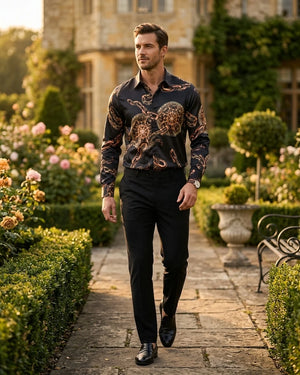 Men's Baroque Satin Feel Button Down Dress Shirt - Black - Brunello - 5