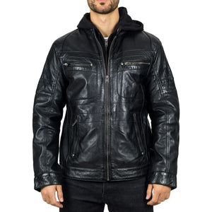 Męska czarna kurtka motocyklowa z prawdziwej skóry z kapturem - Infinity Leather - 1