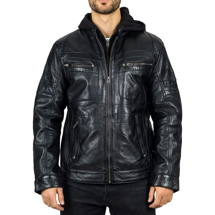 Męska czarna kurtka motocyklowa z prawdziwej skóry z kapturem - Infinity Leather - 1