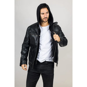 Męska czarna kurtka motocyklowa z prawdziwej skóry z kapturem - Infinity Leather - 4