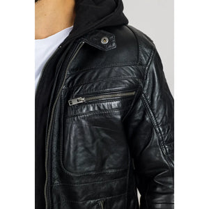 Męska czarna kurtka motocyklowa z prawdziwej skóry z kapturem - Infinity Leather - 5