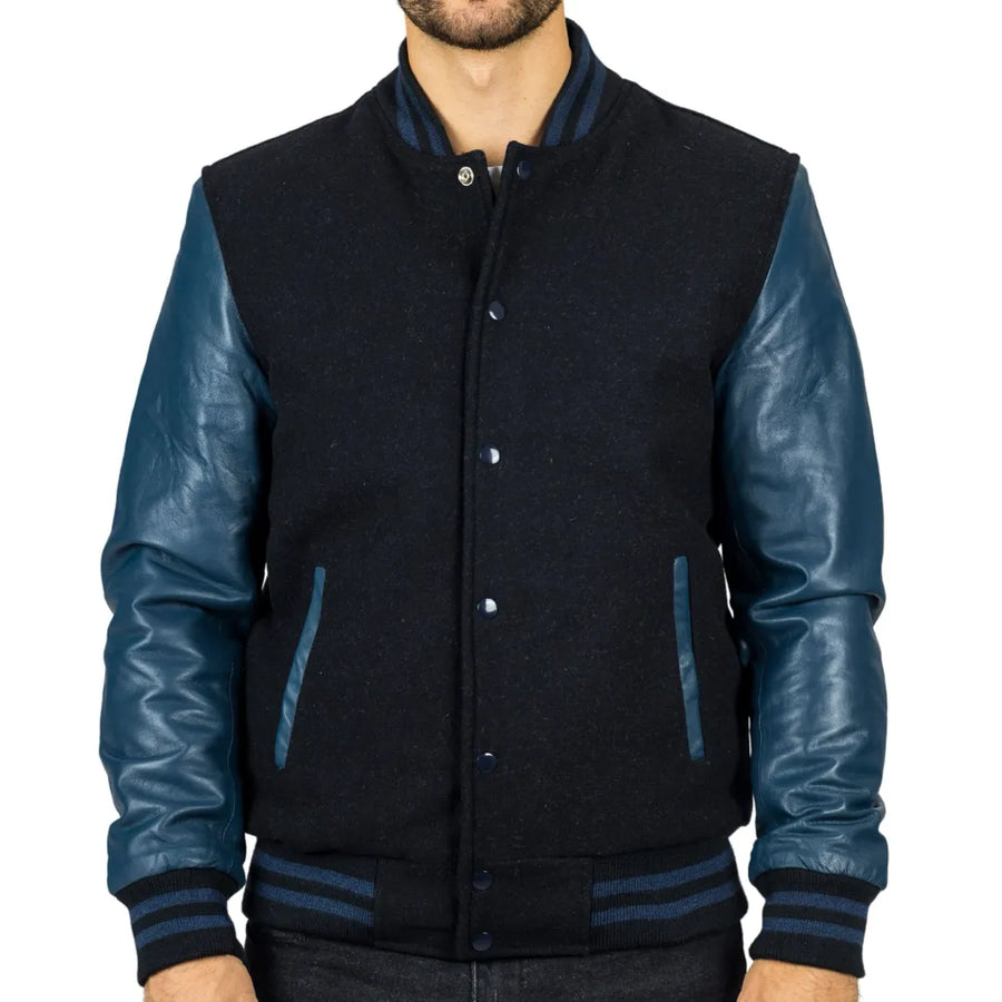 Herren Schwarze Marine Varsity Bomberjacke - Infinity Leather - 1