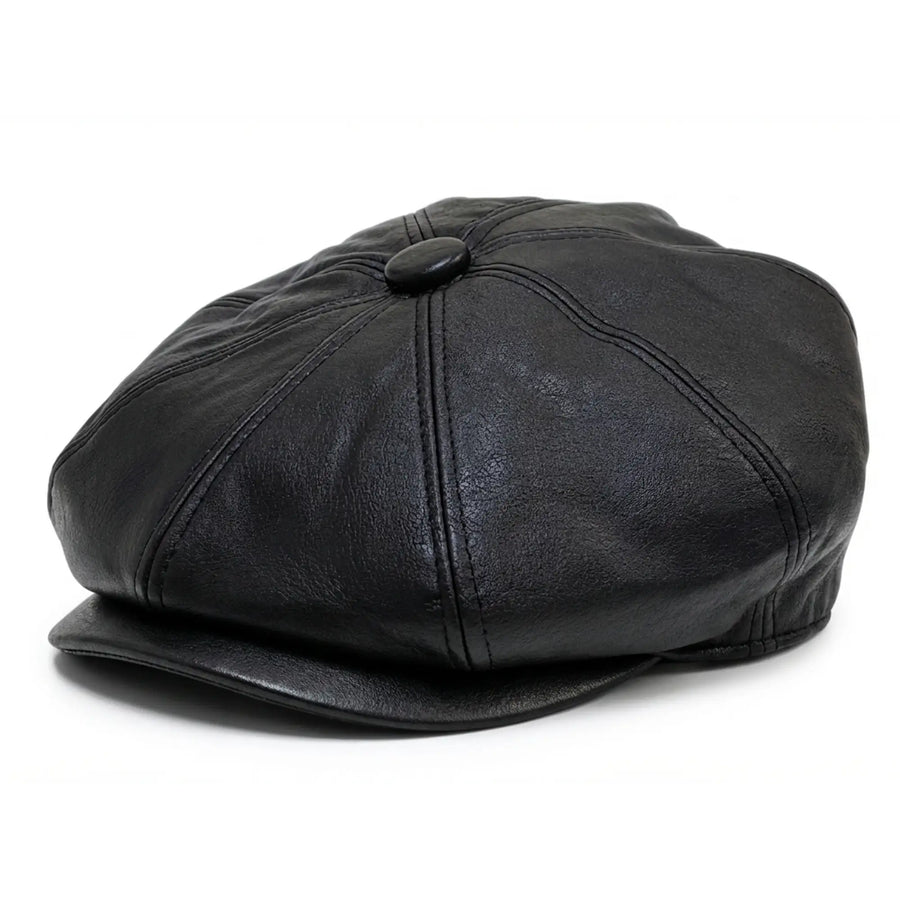 Schwarze Vintage-Baker-Boy-Mütze für Herren aus PU-Leder mit 8 Segmenten - TruClothing.com - 1